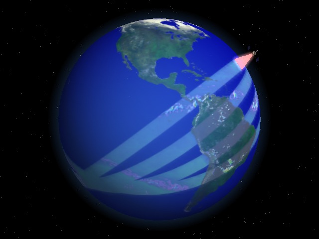 As the satellite passes over a location on the Earth, a swath is revealed showing the measured precipitation data.