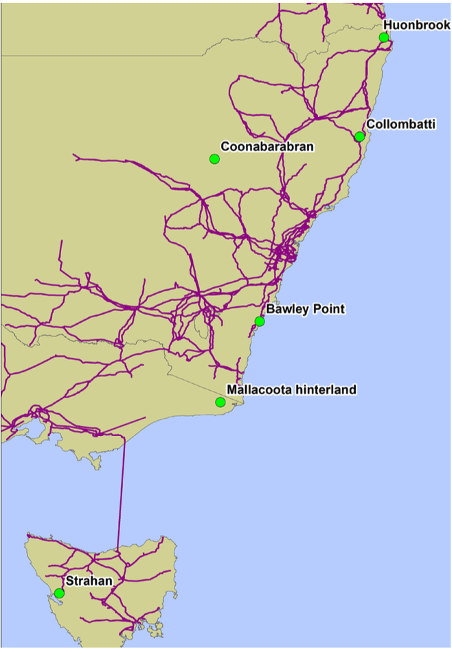 Key locations with long power distribution lines prone to bushfires