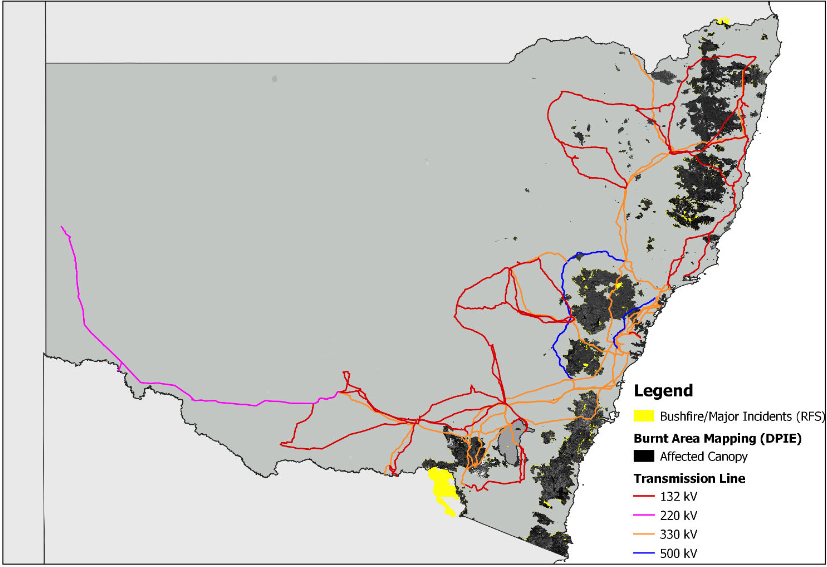 Map of 2019/20 bushfire burnt area with NSW and the TransGrid network