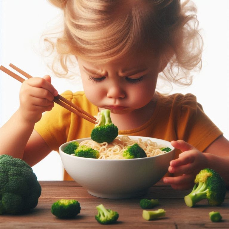 AI-created image of a little girl picking out broccoli from a noodle bowl